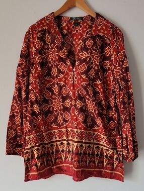 Lauren Ralph Lauren Red & Gold Printed Button-Front Tunic Shirt 100% Cotton
